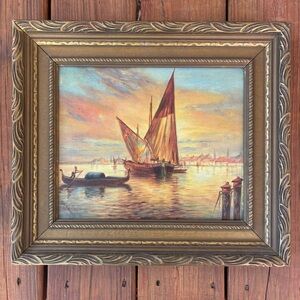 Venetian Seascape at Sunset Oil Painting with Golden Frame